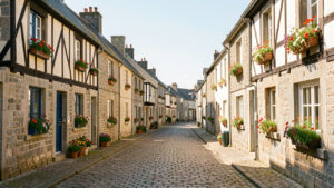 Vue lumineuse et paisible du centre historique de Lannion, avec des maisons bretonnes en granite et à pans de bois bordant des ruelles pavées.