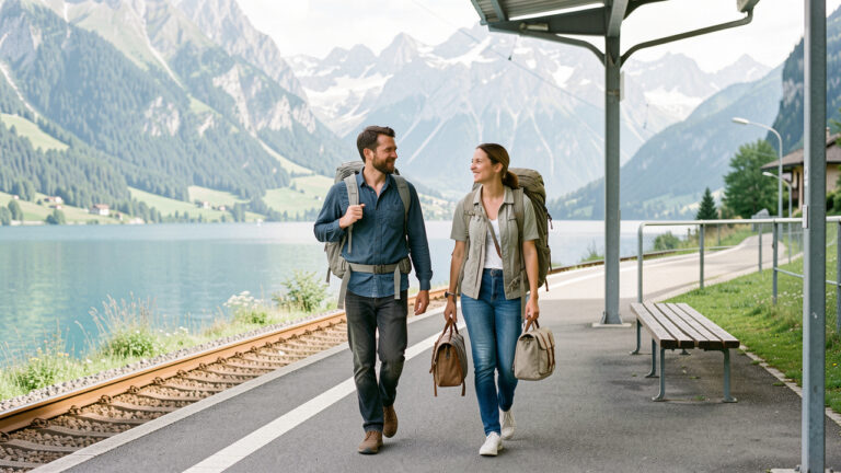 Un homme et une femme voyagent sur un quai de gare suisse avec des sacs légers, devant un lac bleu et des montagnes alpines baignés par une douce lumière printanière.
