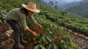Une caféicultrice récolte des cerises de café rouges à la main dans une plantation verdoyante en montagne, sous une douce lumière matinale.