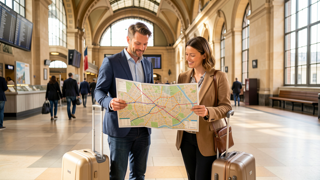 Un couple de voyageurs consulte une carte colorée dans une grande gare, accompagné de valises légères et baigné de lumière naturelle.