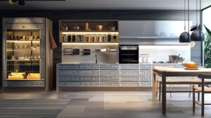 Cuisine sur mesure présentée dans un showroom en Algérie, avec des façades modernes et des rangements fonctionnels.