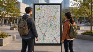 Un homme et une femme consultent une carte interactive épurée devant un paysage urbain touristique contemporain, sous une lumière douce.